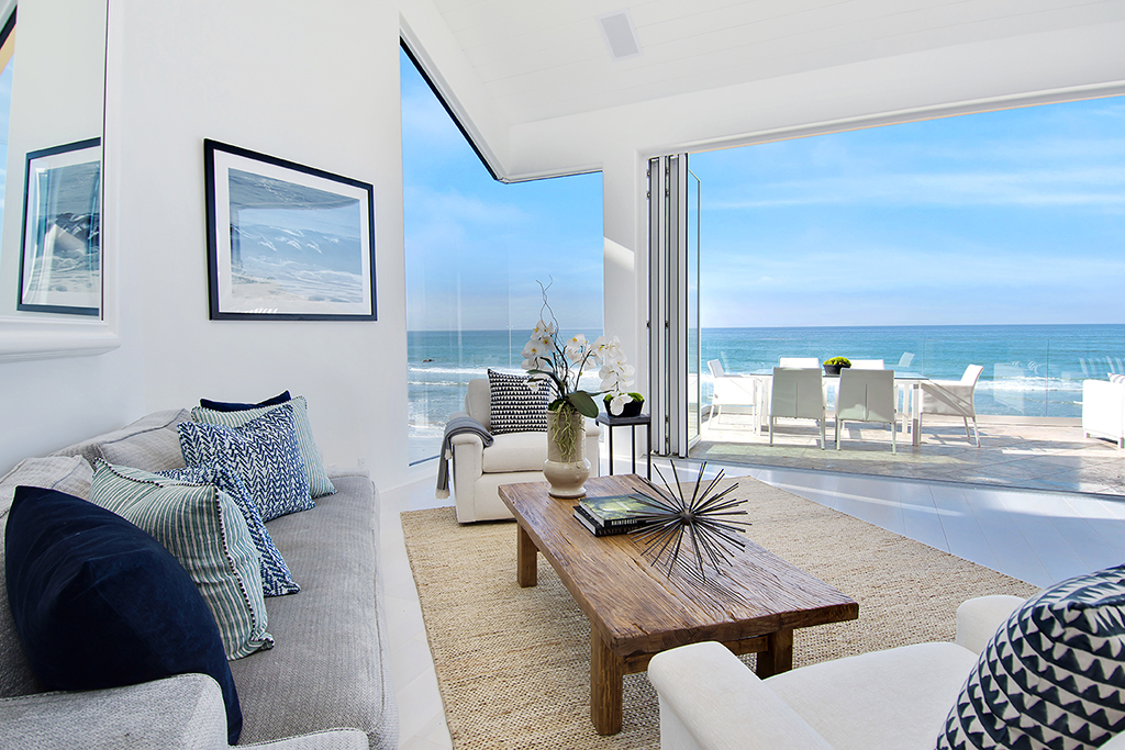 Beach House Treatment Malibu living room with beach view.